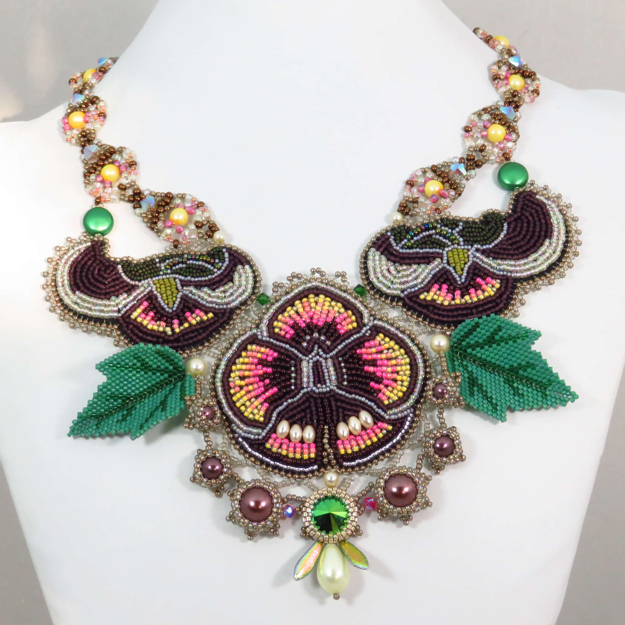 Art Nouveau bead embroidered Pansy Flower Necklace by Bonnie Van Hall