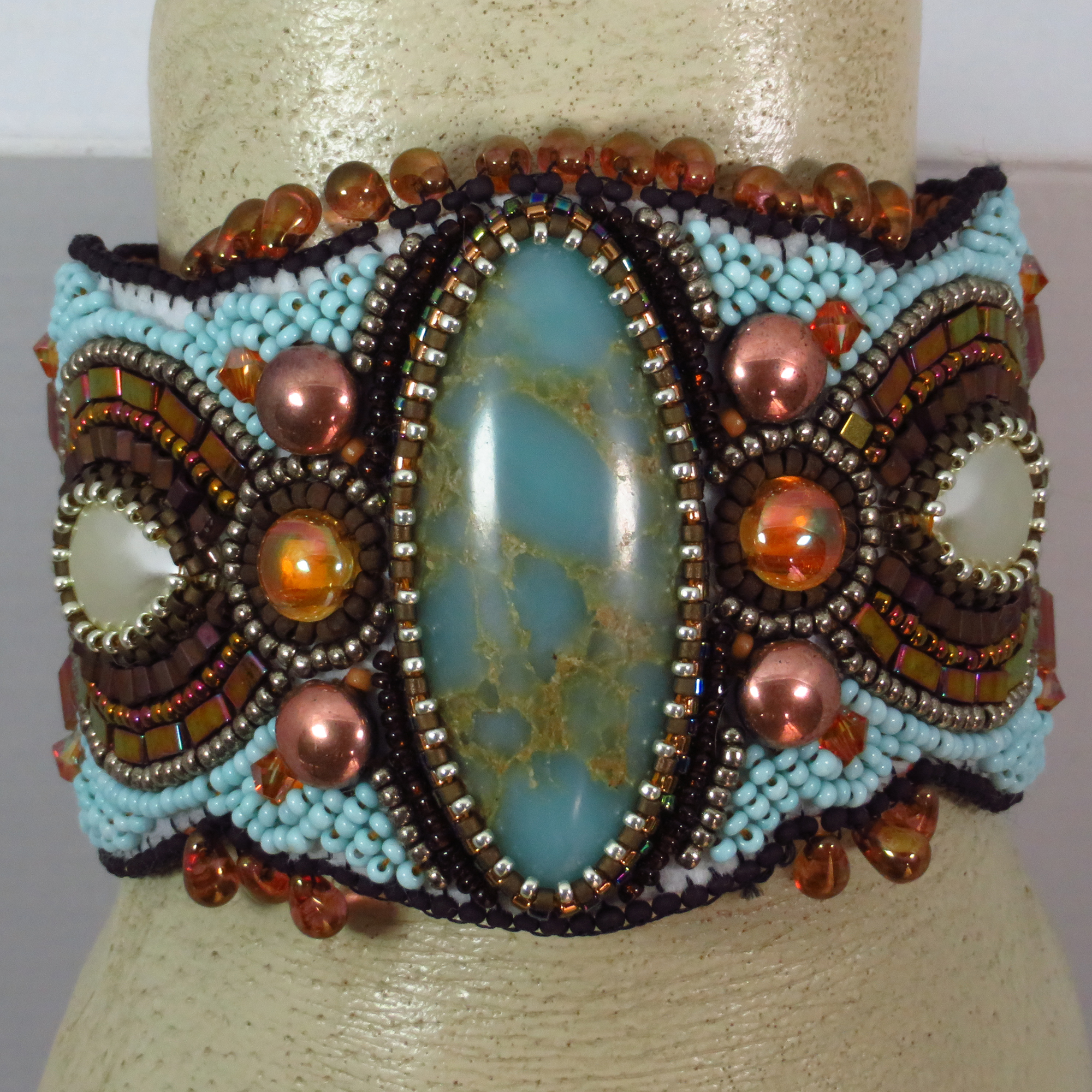 Art Nouveau Beaded Turquoise Cuff Bracelet by Bonnie Van Hall
