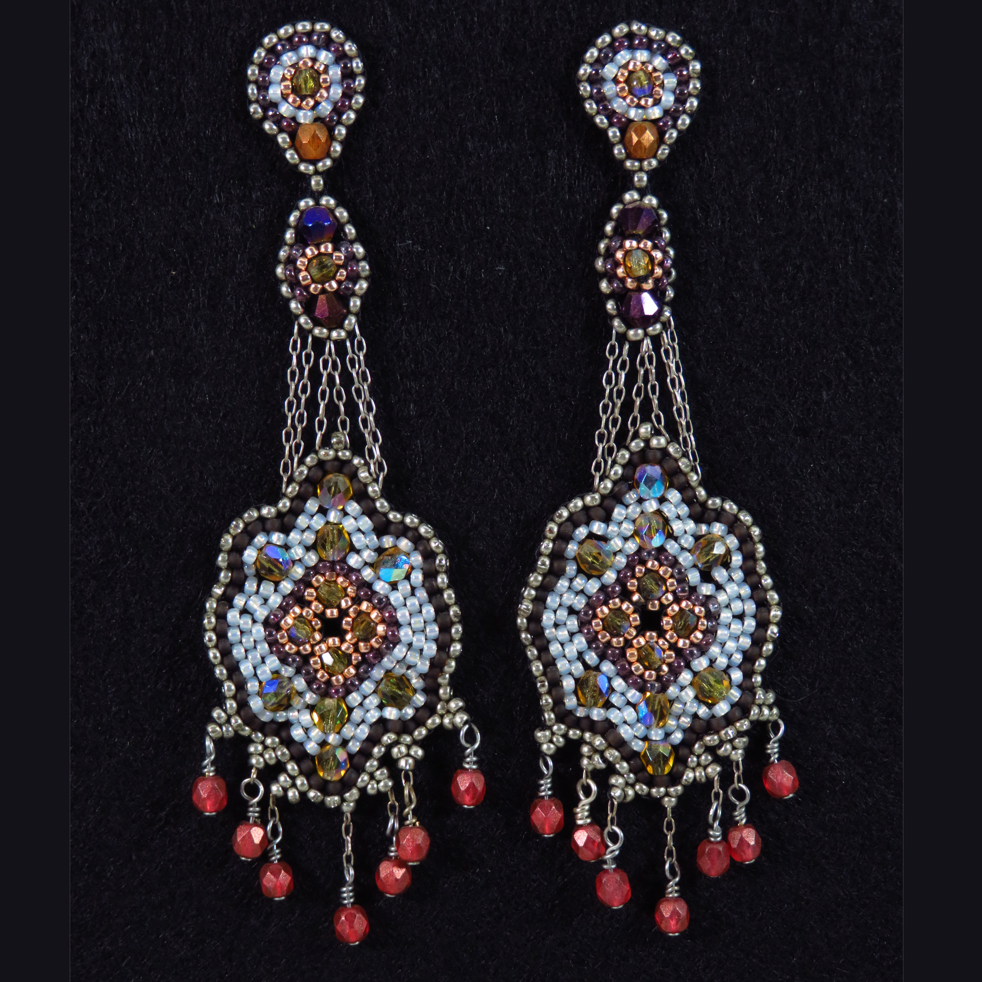 Elegant beaded bronze crystal earrings by Bonnie Van Hall