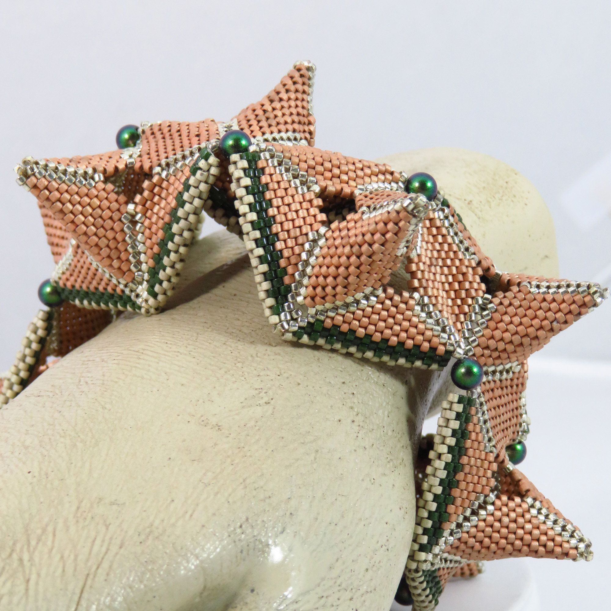 Beaded geometric spiked southwestern origami beaded bangle bracelet by Bonnie Van Hall