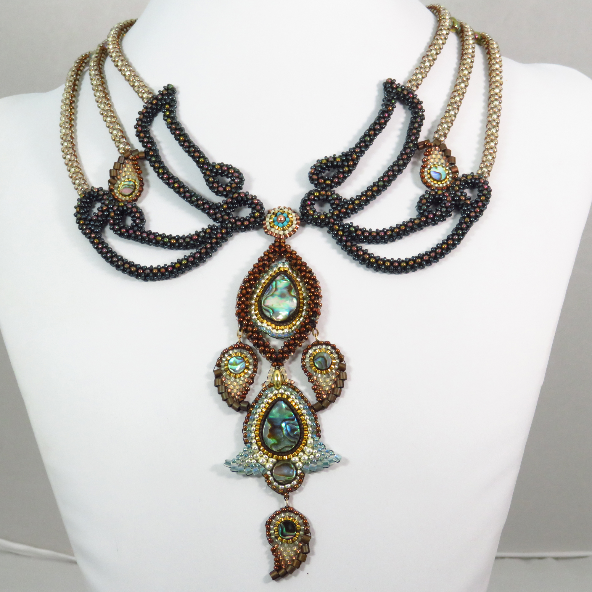 CRAW beaded abalone necklace with pendant by Bonnie Van Hall