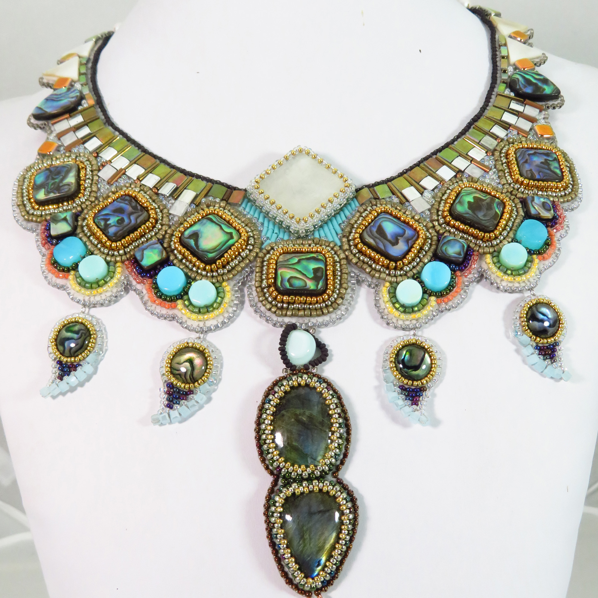 Abalone Moonstone Labradorite Blue Opal: Multi gemstone artisan beaded necklace by Bonnie Van Hall