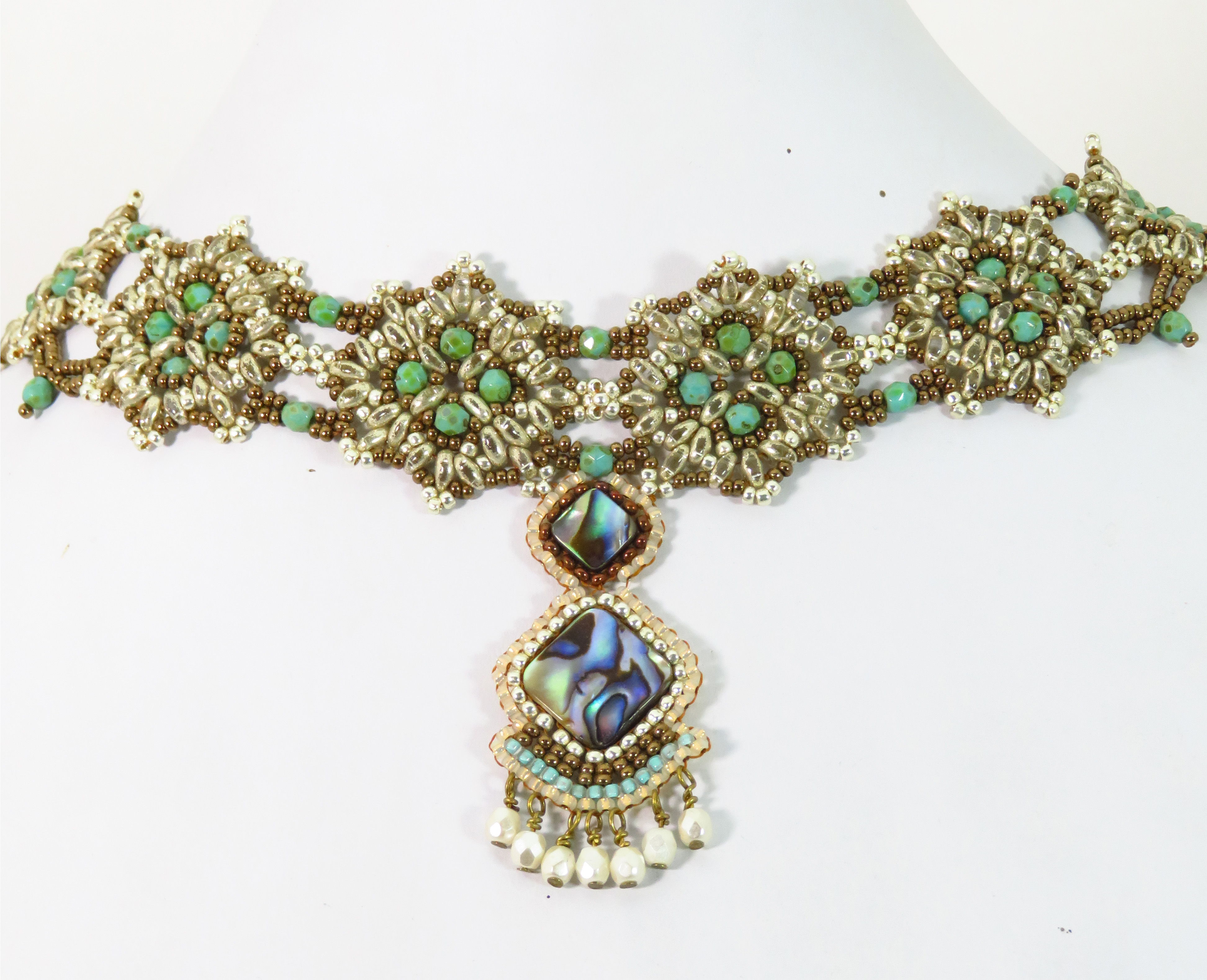Victorian Bronze Silver beaded Abalone choker by Bonnie Van Hall