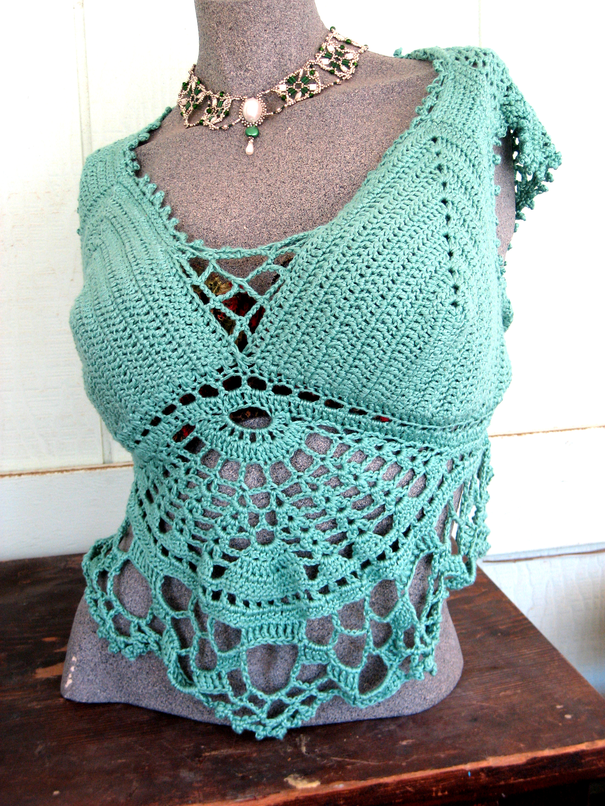 Hand crocheted elf halter top by Bonnie Van Hall