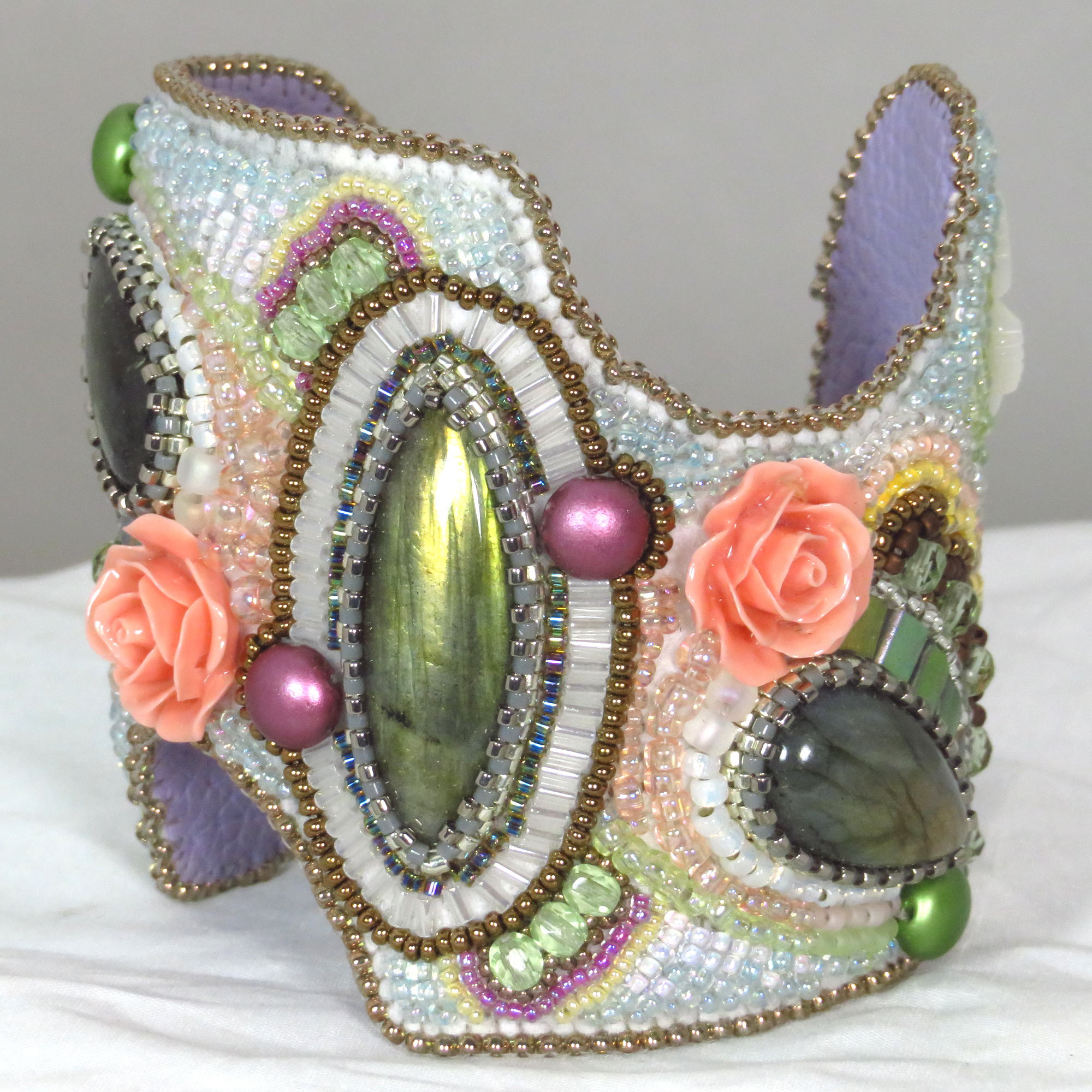 Labradorite bead embroidered cuff bracelet by Bonnie Van Hall