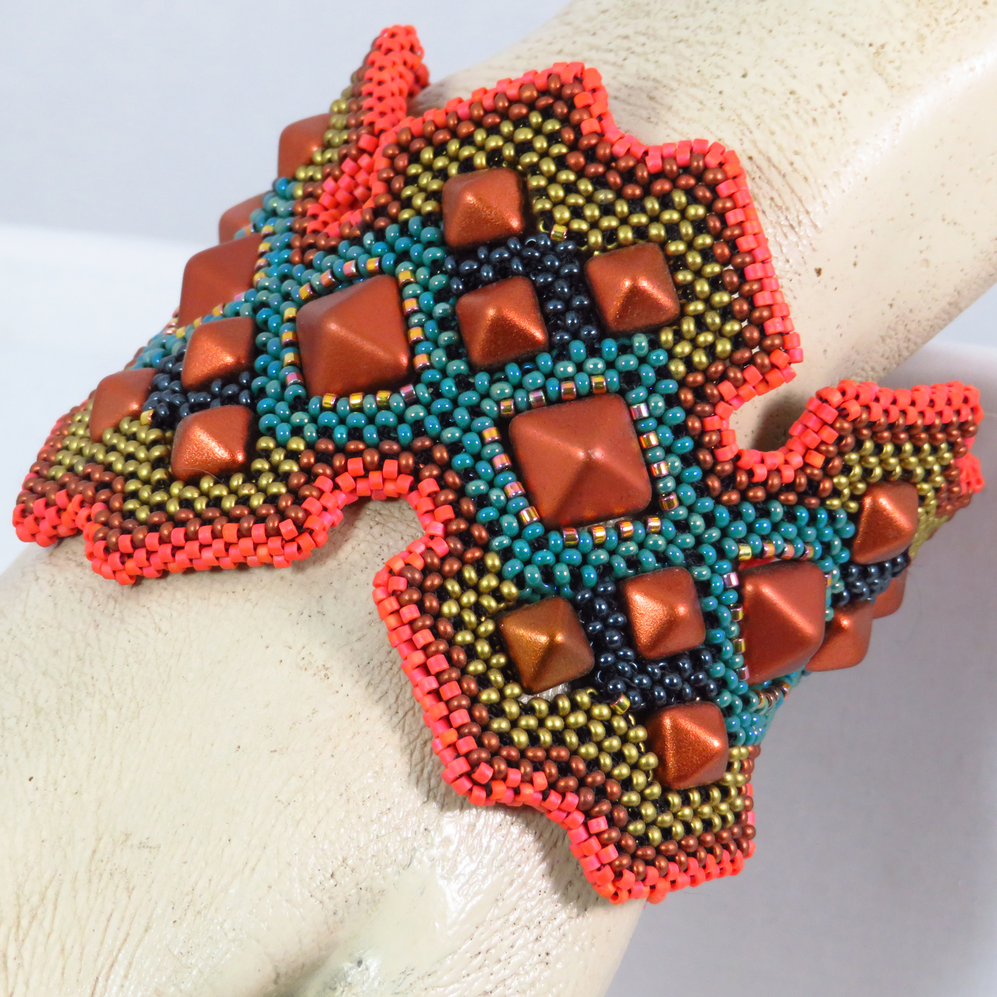 Geometric fractal beaded right angle weave cuff bracelet by Bonnie Van Hall