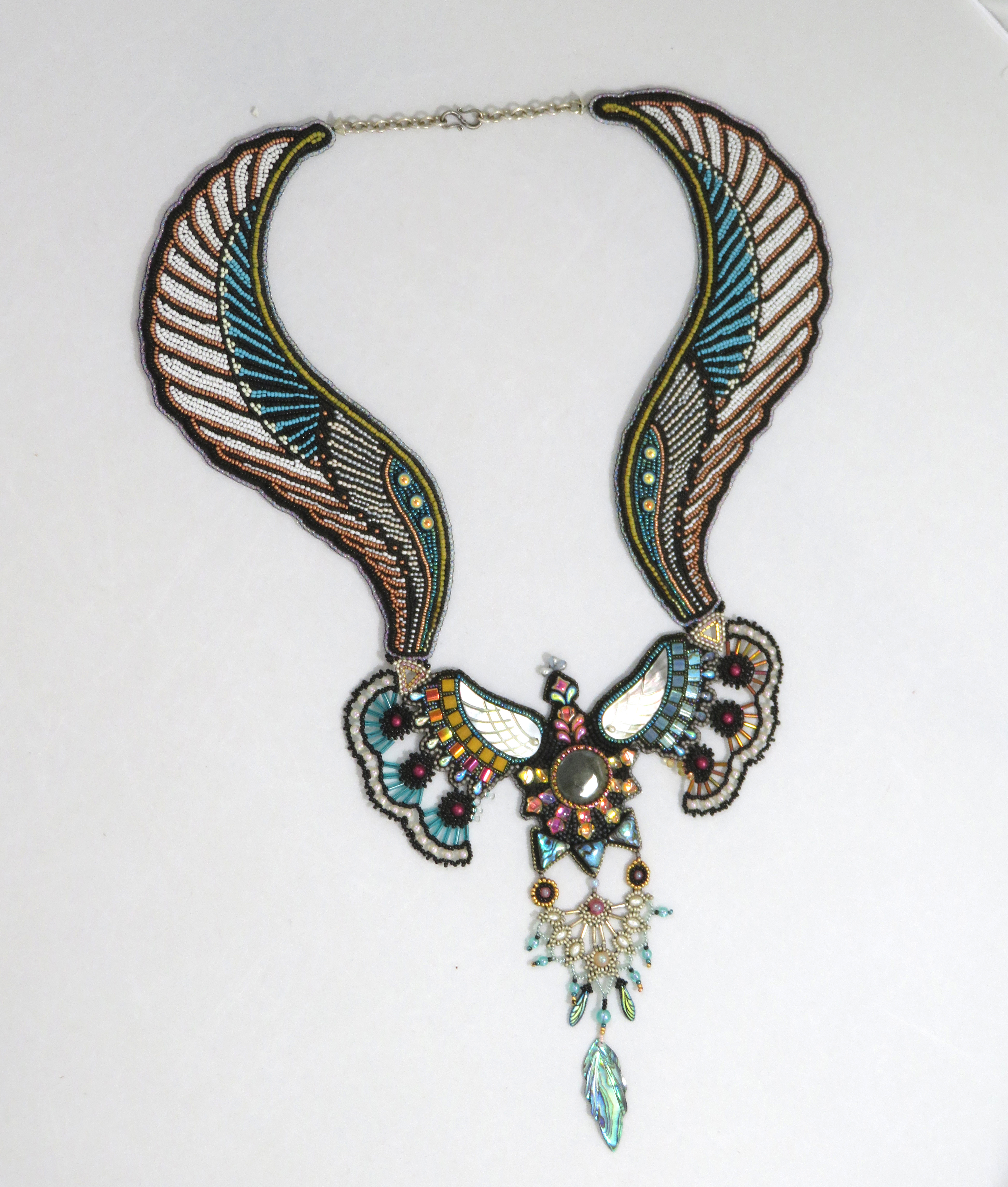 Labradorite Abalone phoenix artisan beaded necklace by Bonnie Van Hall