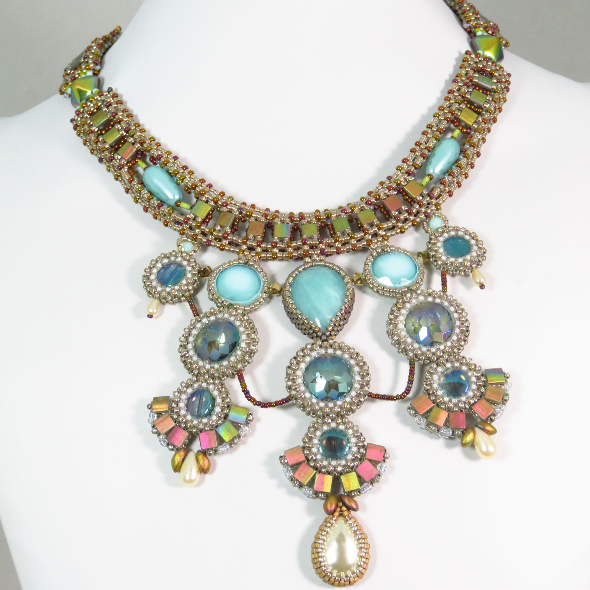Bead embroidered southwestern necklace in pale colors by Bonnie Van Hall