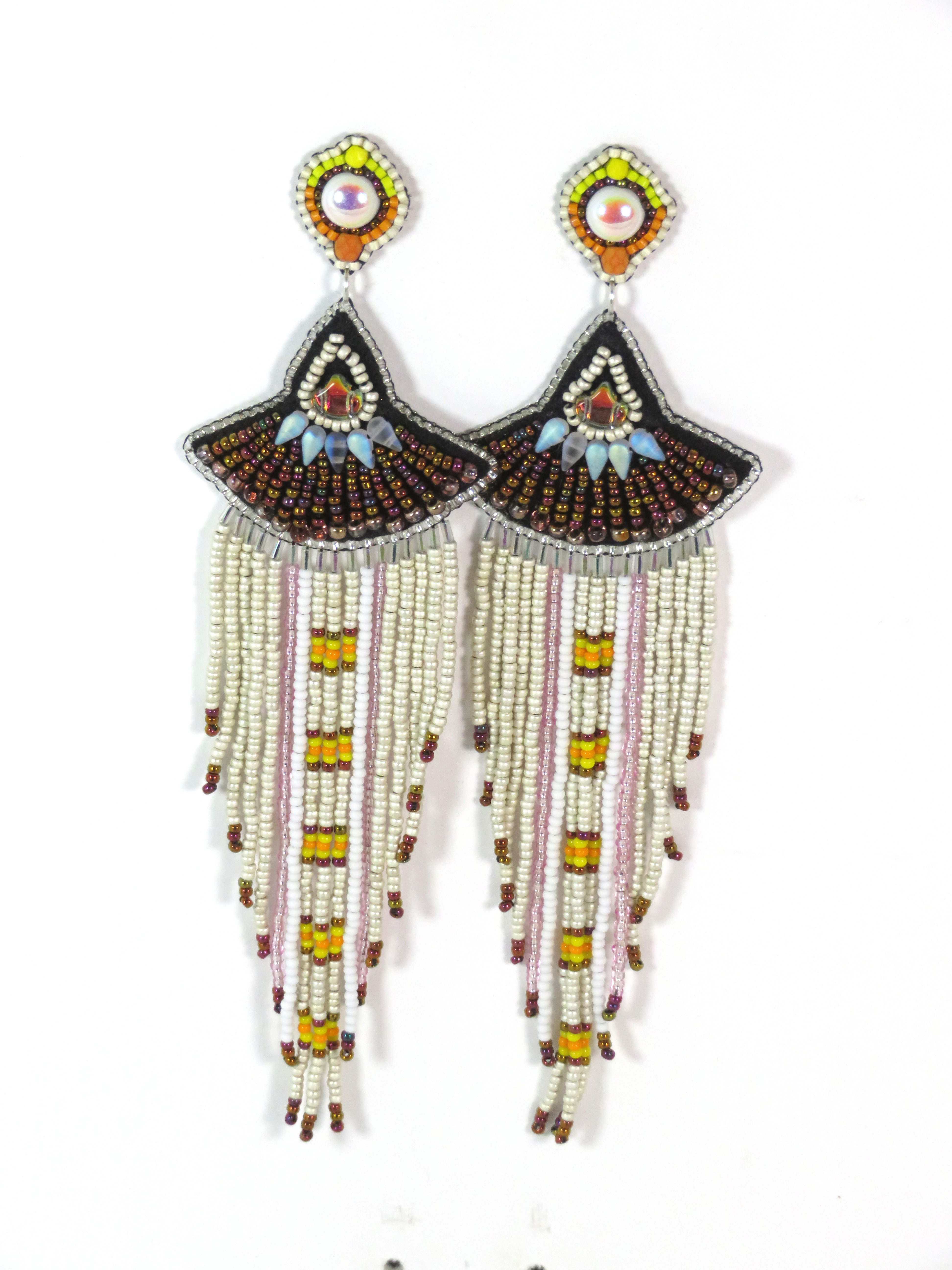 Long fringe beaded earrings by Bonnie Van Hall